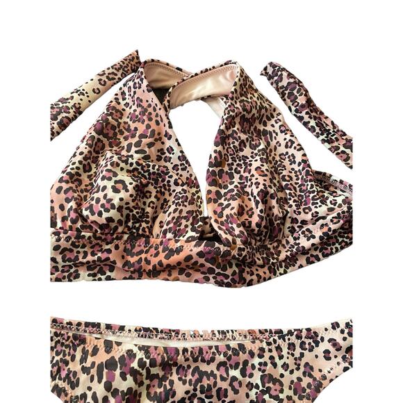 Shade & Shore 2 PC Bikini Animal Print Size Small Brown Pink Halter Swimwear - Picture 5 of 12